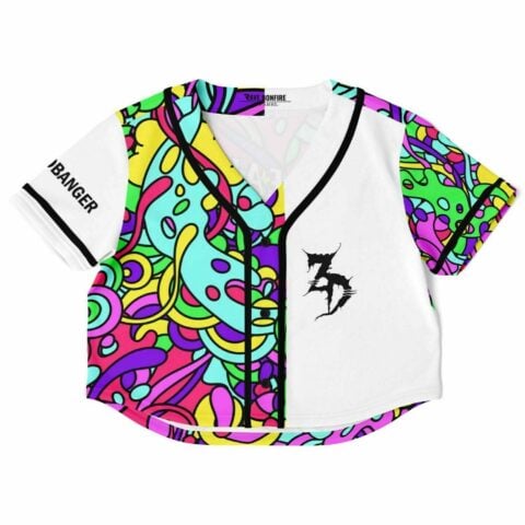 Colorful Zeds Dead fan rave crop top with a Zeds Dead and Headbanger print