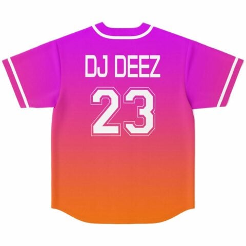 Magenta-to-orange gradient jersey back featuring DJ DEEZ text and outlined number 23
