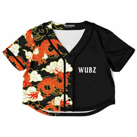 Custom rave crop top with printed WUBZ text and colorful flowers