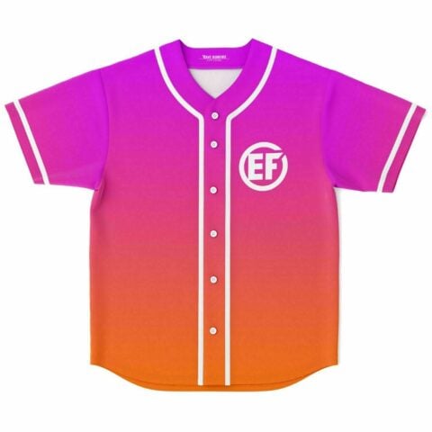 Magenta-to-orange gradient baseball jersey front with white EF chest logo and striped trim