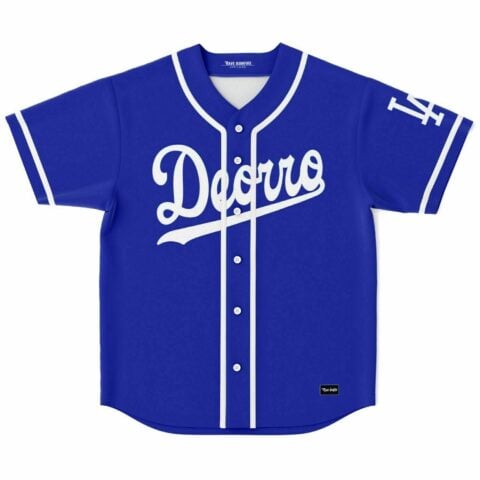 Royal blue baseball jersey with white script Deorro chest print front view