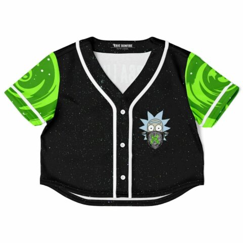 Black rave cropped baseball jersey with green swirl and character graphic