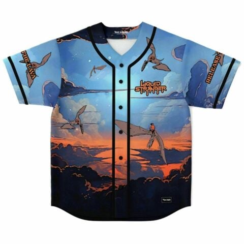 Front view of baseball jersey with sunset sky and flying pteranodon riders design