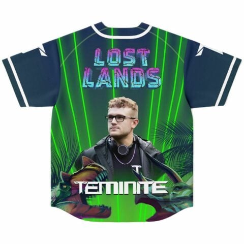 Back view of jersey showing Lost Lands text and Teminite graphic with dinosaur art