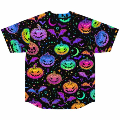 Back view of colorful Halloween rave baseball jersey with spooky pumpkin and bat pattern