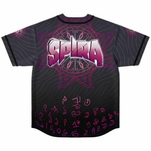 Back view of jersey with SPIRA text over purple mandala design and scattered rune symbols
