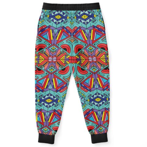 Vibrant rave joggers with abstract shapes and bold multicolored artwork