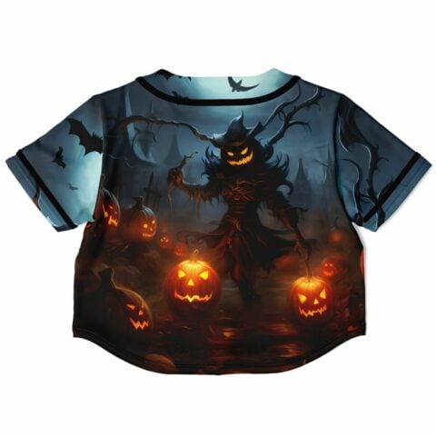 Halloween pumpkin rave cropped baseball jersey with dark eerie Halloween and bat artwork, back view