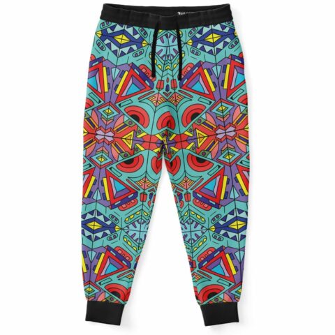 Trippy doodle rave joggers with a colorful doodle pattern and geometric designs