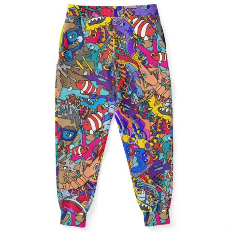 Underwater doodle rave joggers with vibrant underwater-themed doodles