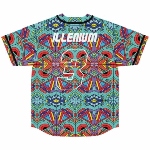 back view of teal geometric jersey with white number 3 and bold text