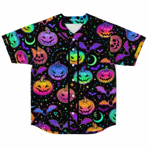 Colorful pumpkin and bat Halloween rave baseball jersey, front