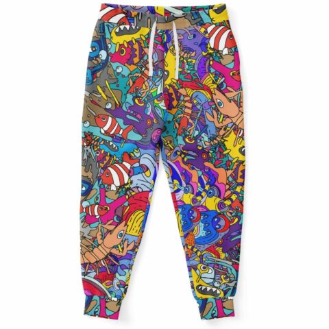 Colorful rave joggers with a chaotic trippy doodle design