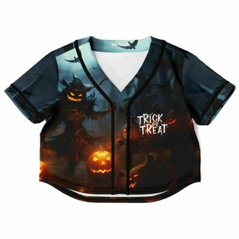 Halloween pumpkin rave cropped baseball jersey with spooky pumpkin and Halloween scene