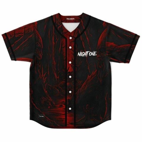 Blood red horror forest print baseball jersey with Night One text, front flat lay