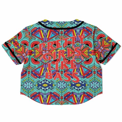 Back view of the bass rave cropped baseball jersey with bold bass-themed text