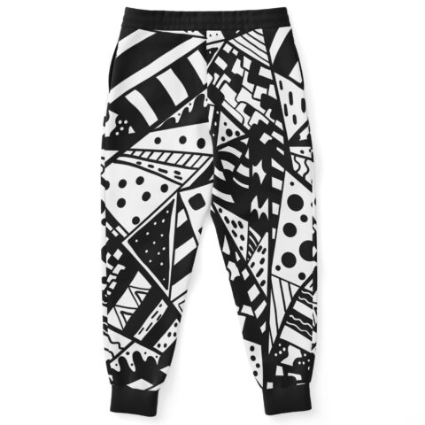 Black and white abstract doodle rave joggers with geometric patterns