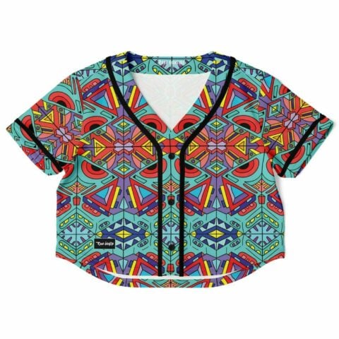 Front of the colorful geometric bass rave cropped baseball jersey