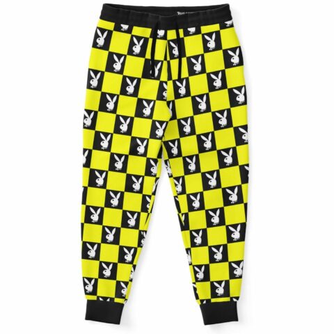 Yellow and black checkerboard rave joggers with icon motifs