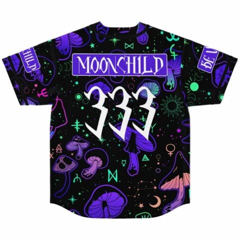 Back view of black rave baseball jersey reading MOONCHILD 333 over psychedelic mushroom and moon
