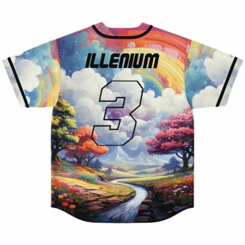 Pastel fantasy rave jersey back print with winged clouds, rainbow sky and Illenium 3 lettering