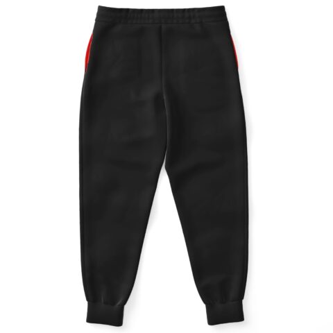 Red lettering rave joggers on a white background