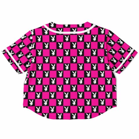 Back view of the checkerboard rave cropped baseball jersey with matching pattern and white trim