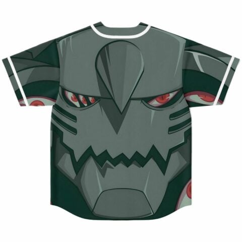 Anime-inspired armored monster face print in grey and green covers back of rave baseball jersey
