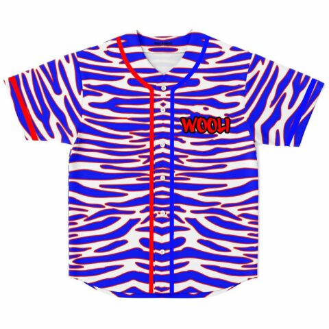 Front view of blue and red zebra print button-up jersey with red Wooli logo