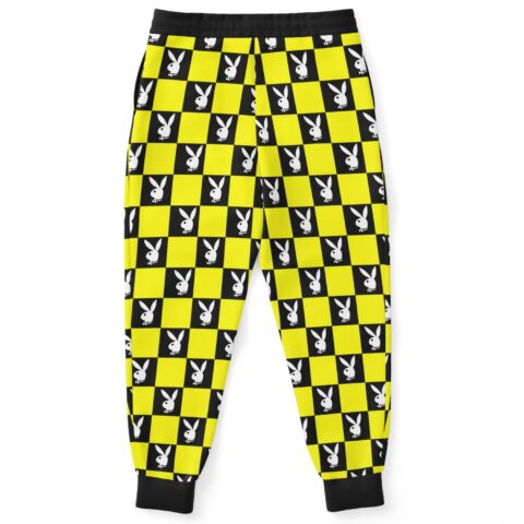 Side view of checkerboard rave joggers with the contrasting check pattern