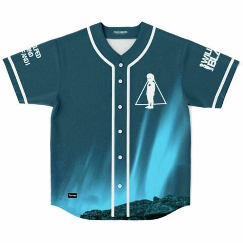 front view of dark teal night sky rave baseball jersey with aurora print and lone