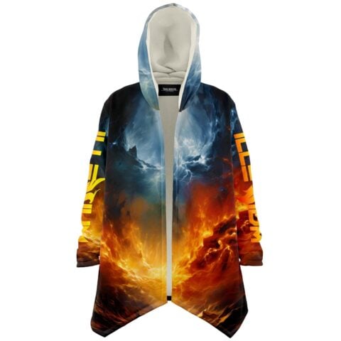 Fiery rising phoenix rave cloak front view with storm and flame split design