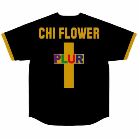 Black jersey back with CHI FLOWER text and gold cross featuring colorful PLUR lettering
