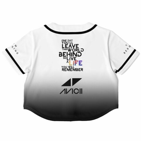 Back view of the black and white rave cropped baseball jersey with motivational text and contrasting logo