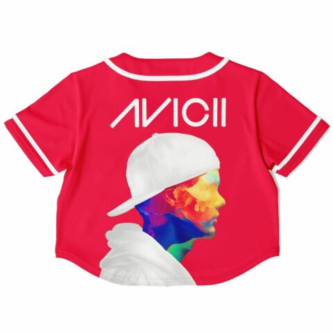 Red rave cropped baseball jersey with a colorful abstract design on the back