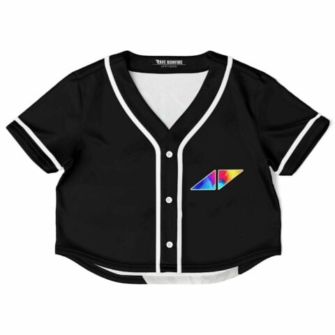 Front view of the black rave cropped baseball jersey with a vibrant pocket design