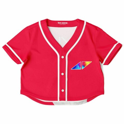 Front view of the red rave cropped baseball jersey with a geometric pocket detail