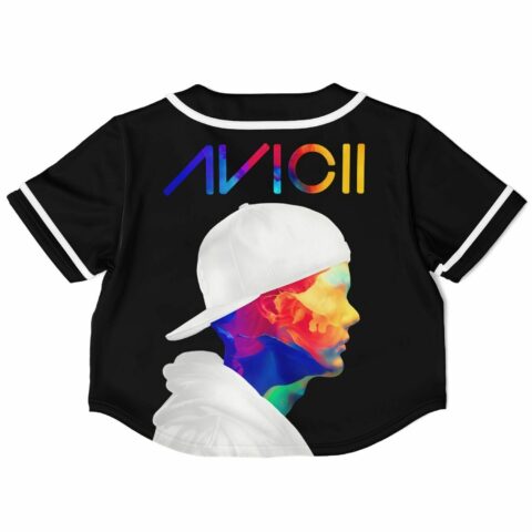 Back view of the black rave cropped baseball jersey with a colorful profile design