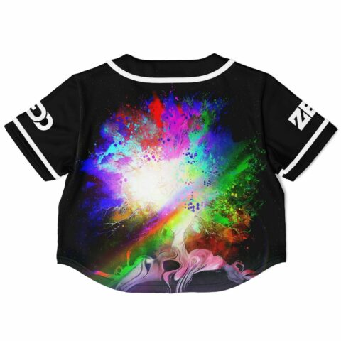 Back view of the black rave cropped baseball jersey with a vibrant cosmic design