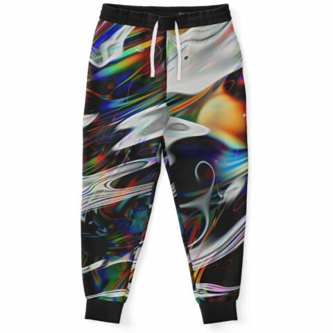 Black and white glitch print rave joggers with a colorful design