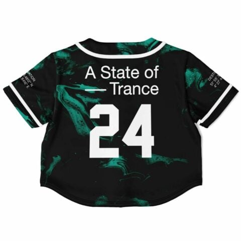 Back view of the rave cropped baseball jersey with large white text and a custom number