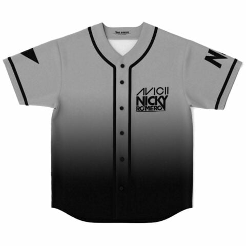 Grey to black ombre baseball jersey with festival-themed text logo on chest front view