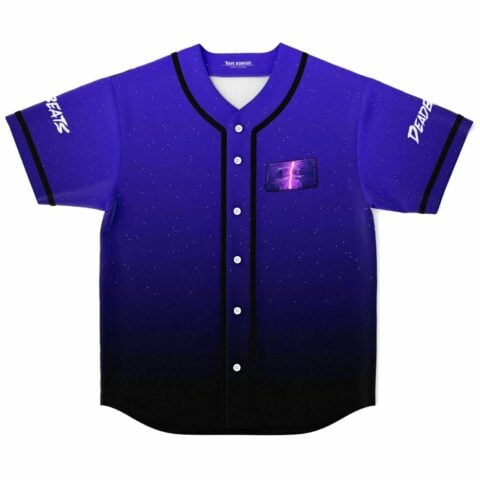 Purple starry gradient baseball jersey, lightning-struck cassette tape patch, Deadbeats sleeve text, front view