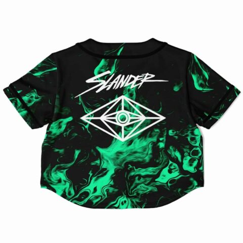 Back view of the rave cropped baseball jersey with a bold white graphic design