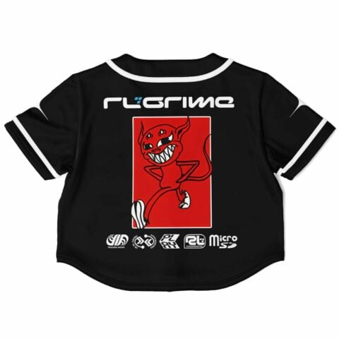 Back view of the rave cropped baseball jersey with a colorful character design