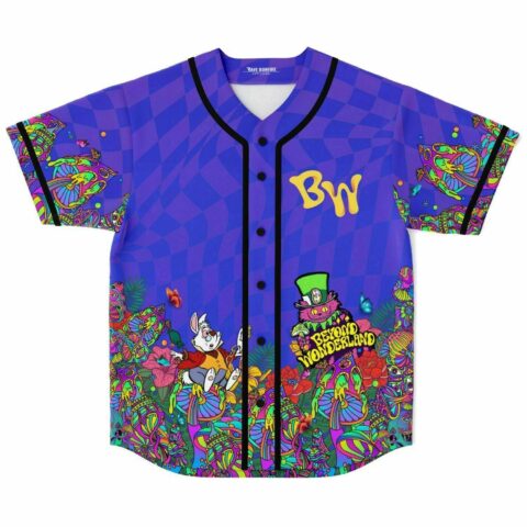 Front view of purple checkered Beyond Wonderland fan rave baseball jersey with psychedelic mushroom garden and white rabbit graphic