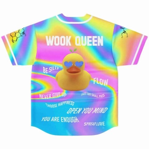 Back view of rainbow holographic rave baseball jersey with custom name lettering, rubber duck graphic and positive phrases