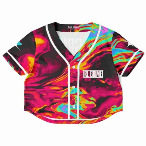 Vibrant pink and blue marbled rave cropped baseball jersey