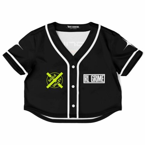 Black rave cropped baseball jersey with white accents and bold graphics