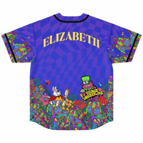 Back view of purple psychedelic Beyond Wonderland fan rave baseball jersey with custom name above mushroom forest and rabbit design